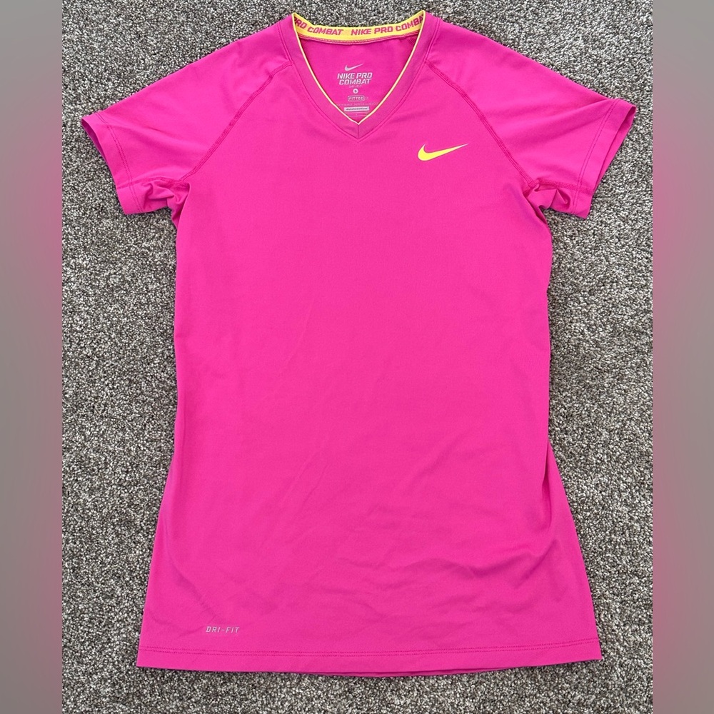 Nike Pink Dri-FIT V-Neck Short Sleeve Top with Yellow Swoosh
